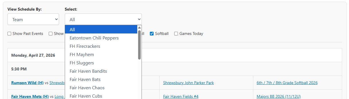 Screenshot showing the Team filter selected with a second dropdown listing available teams